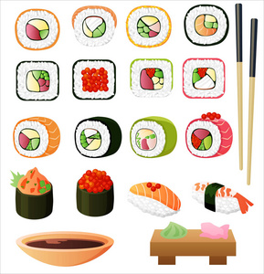寿司酱油与筷子设置。矢量图