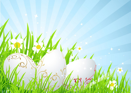 春天草地上的复活节彩蛋