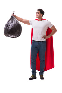 超级英雄男人的垃圾袋子上白色孤立