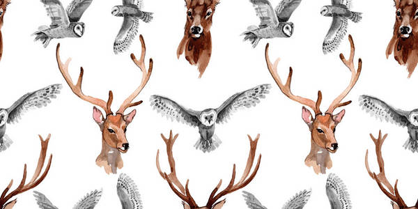 驯鹿野生动物纹样在水彩风格图片