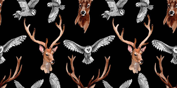 驯鹿野生动物纹样在水彩风格图片