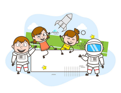 卡通宇航员与快乐的孩子和横幅矢量图