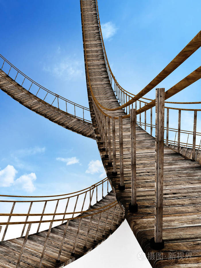 旧木悬索桥蔚蓝色的天空3d图