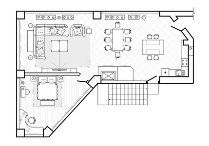 平面布置图，顶视图。室内设计阳台。这间小屋是一个覆盖的阳台。布局与家具的公寓。矢量