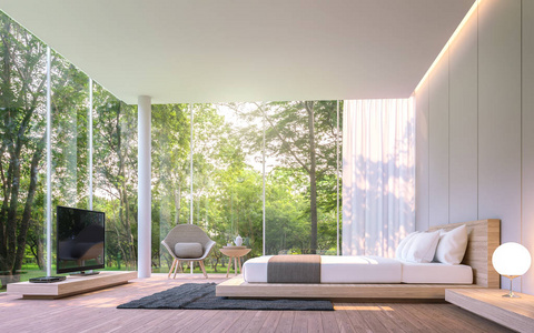 美丽的花园风景早上 3d 渲染图像中的现代卧室