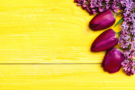 完美的礼物概念与紫色郁金香和淡紫色的花