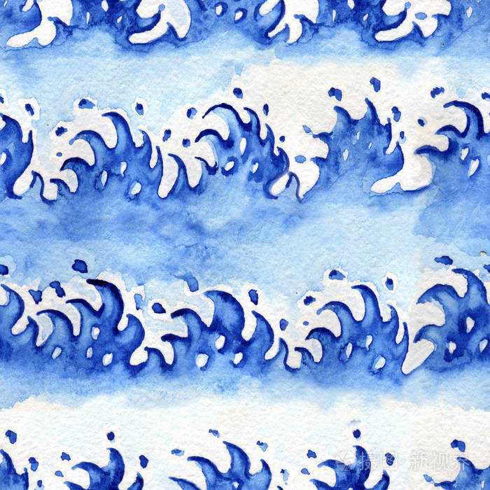 日本水彩波浪无缝图案.蓝色手画波浪