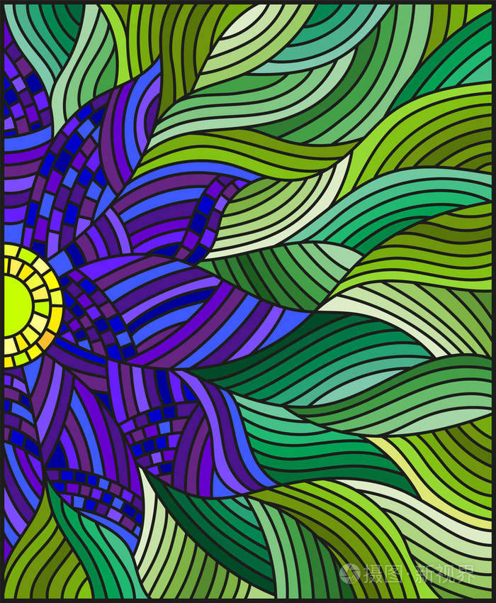 在彩色玻璃风格与绿色波浪背景明亮紫色抽象花图插画-正版商用图片015