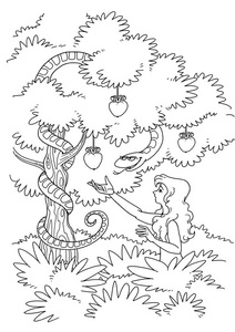 蛇诱惑夏娃采取了禁果亚当和夏娃在伊甸园里万圣节背景夜森林与月亮