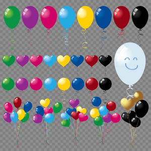 串和彩色氦气球透明背景上孤立的群体