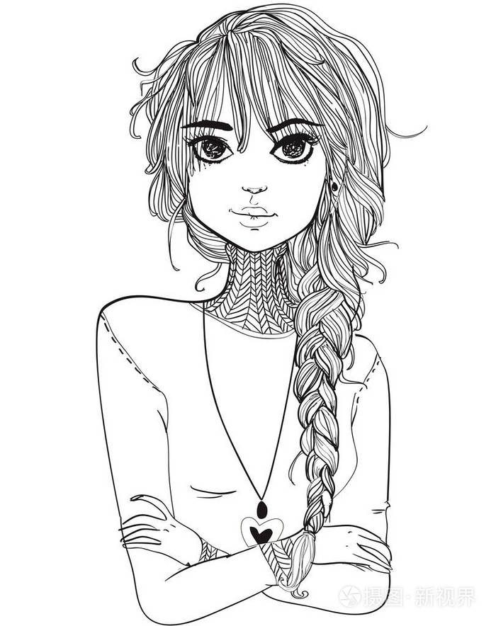 一个长头发的年轻女子的肖像插画-正版商用图片015xk0-摄图新视界