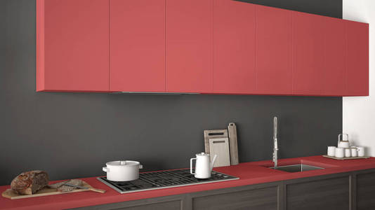 现代厨房详细木制附近了，红色的极简主义 clas