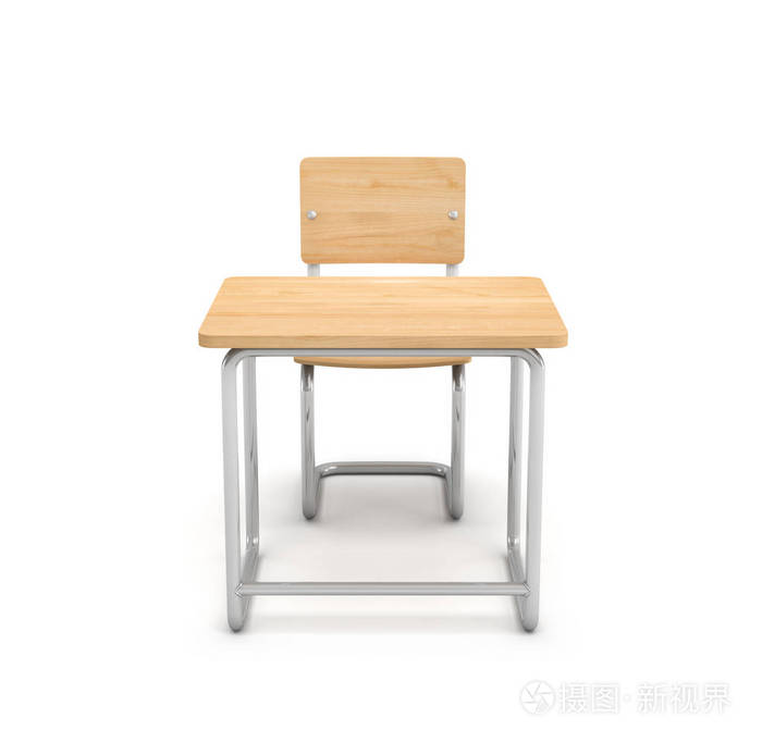 两者都由铁和孤立的白色背景上的轻木课桌和椅子的3d渲染