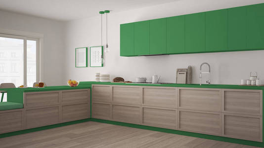 经典厨房木制细节和镶木地板，minimalis