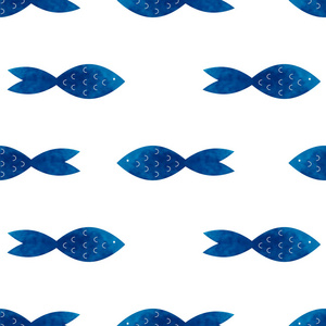矢量水彩无缝模式与海蓝色的鱼