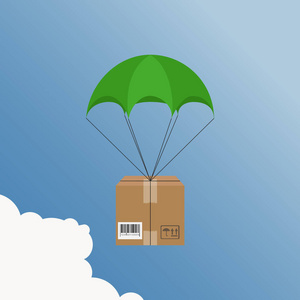 送货服务。降落伞与天空中的包裹。航运