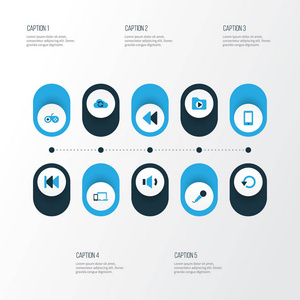 媒体色彩鲜艳的图标集。游戏手柄，音量，云计算和其他元素的集合。此外包括重播 智能手机 麦克风等符号