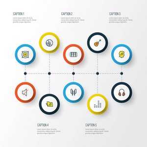 音频的多彩大纲图标设置。键 模板 混频器和其他元素的集合。此外包括设备 均衡器 钢琴等符号