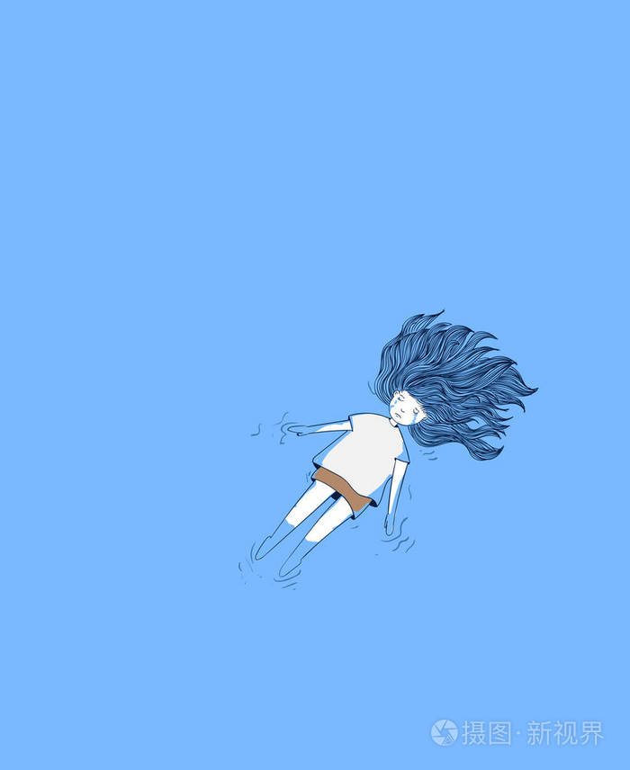 池中的年轻女孩她哭得深在蓝色背景中哭泣的女人