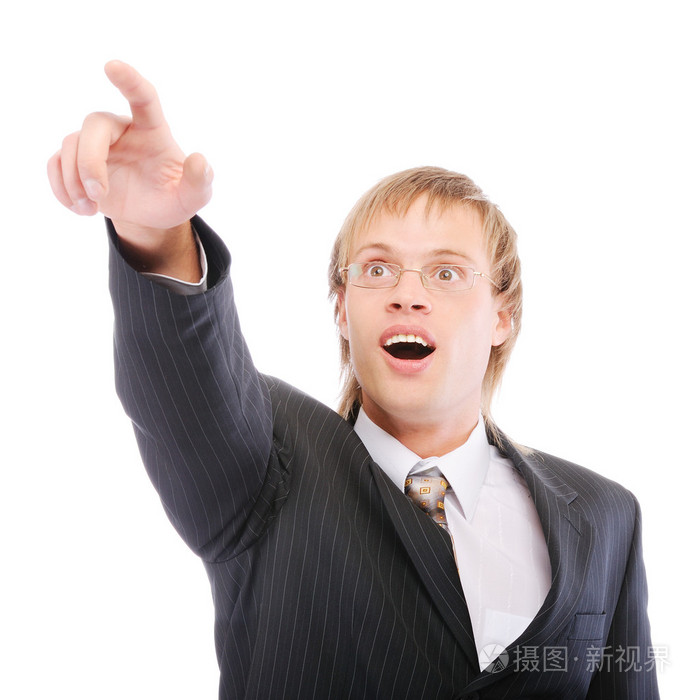 商人显示了食指和惊讶