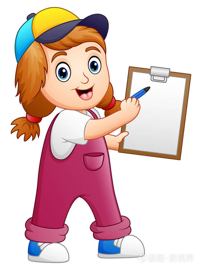 小女孩用的钢笔放在剪贴板上写字插画-正版商用图片017cqe-摄图新视界