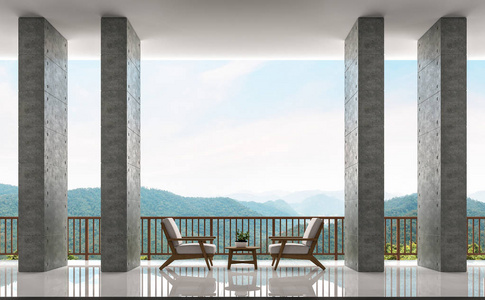 现代阁楼阳台和居住面积与山 3d 渲染图像的全景视图