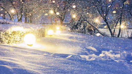 在圣诞夜公园的发光雪花。圣诞节和新年的背景