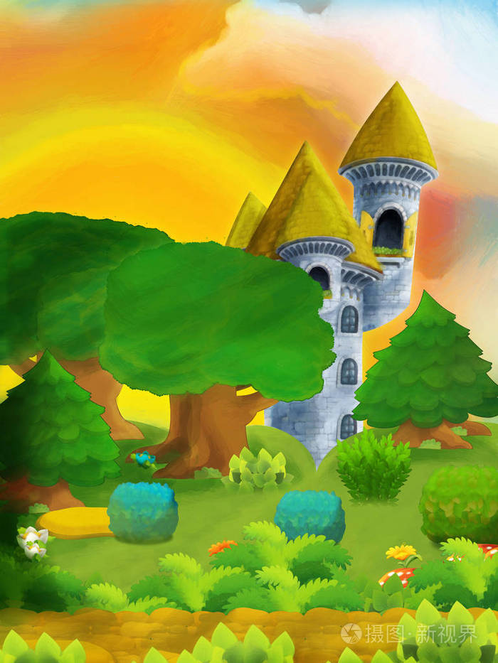 卡通森林场景与城堡塔
