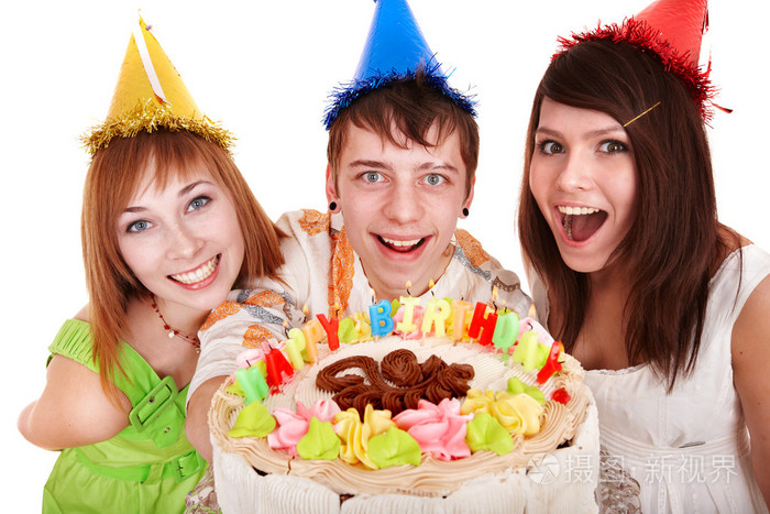 戴着生日快乐蛋糕的派对帽.