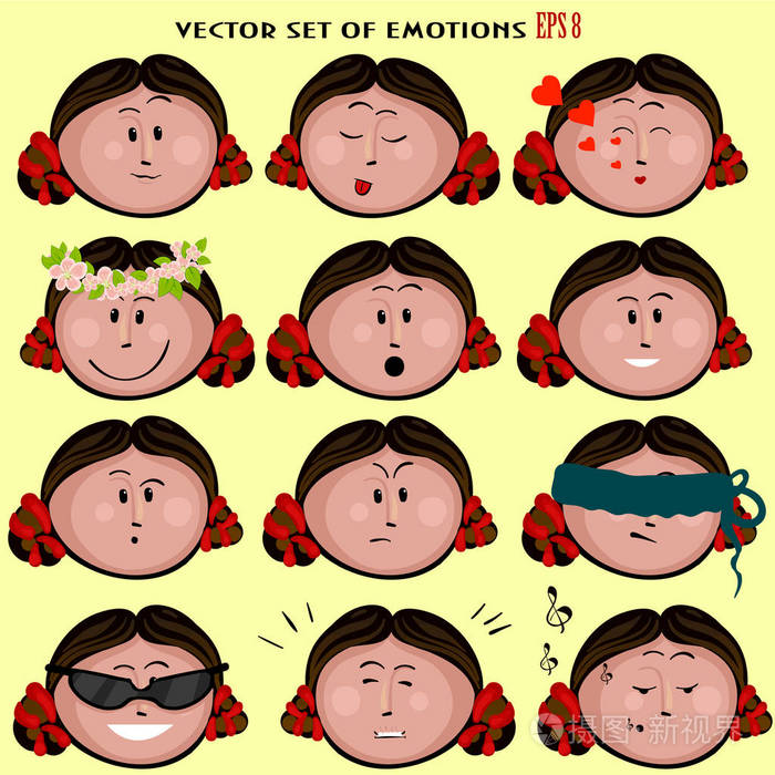 可爱的女孩子与各种情绪表情符号面部感觉情绪人格符号表情图标集