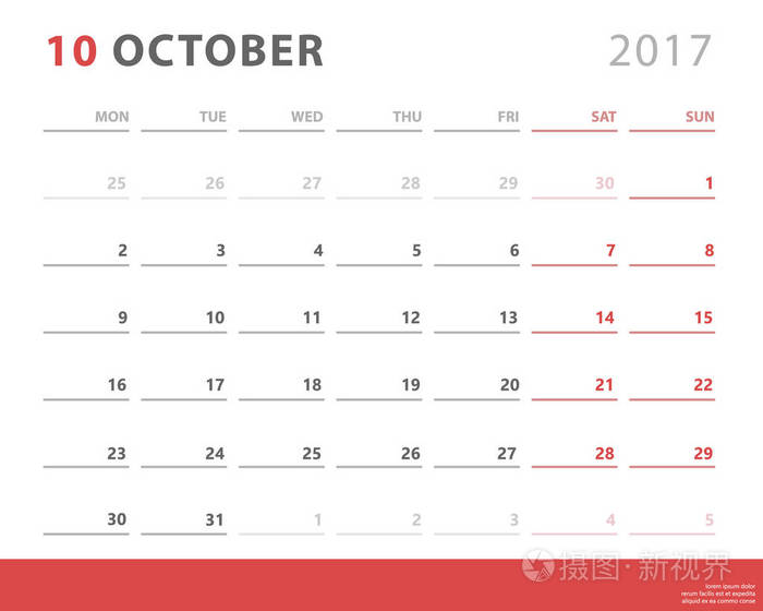 日历企划 2017年 10 月周星期一开始，矢量设计模板
