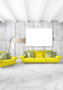 现代卧室黄色沙发豪华小风格室内阁楼设计与折衷的墙。3d 渲染
