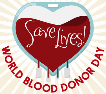 世界献血者日，矢量图的心形状的血袋