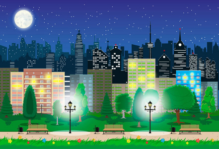现代城市景观中的夜晚。城市景观和公园