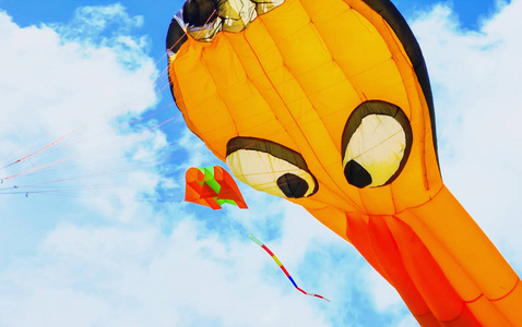 曹氏风筝五颜六色的风筝自由地飞行在晴朗的天空照片