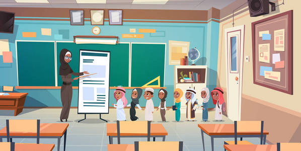 一群阿拉伯学生和教师在课堂上进行教学