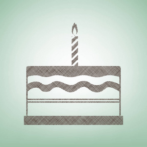 生日蛋糕标志。矢量。与光斑中心的绿色背景上的褐色亚麻图标
