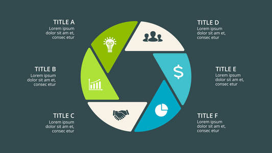 矢量圆圈箭头图 循环图 六角图 演示文稿图表。经营理念与 6 选项 配件 步骤 流程。16 x 9 黑暗的幻灯片模板