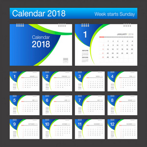 2018 日历。桌子上的日历现代设计模板。周启动