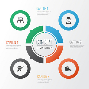 施工图标设置。拖拉机 工程师 携带购物车和其他元素的集合。此外包括符号，例如车辆 楼梯 生成器