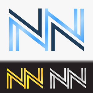 首字母 Nn 溢价蓝色金属旋转在白色的背景下，小写标志模板和自定义预览中金和银的颜色