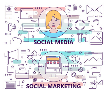 向量组的社交媒体与社会营销概念模板横幅。现代的细线平面设计元素，符号，用于网站菜单图标营销