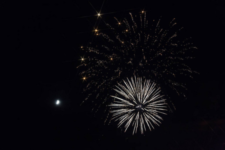 烟花在夜空中。一个月在黑暗的天空