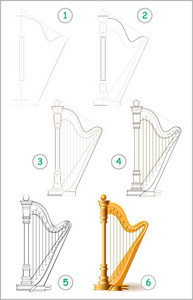 页显示如何一步一步一步学会画弦乐器竖琴。发展儿童技能进行绘制和着色