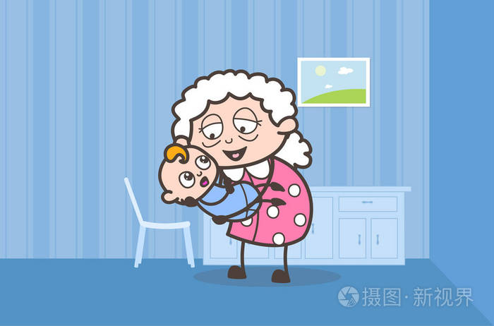 卡通奶奶玩可爱新出生的孙子矢量图形
