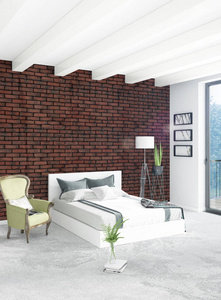 白色卧室最小风格室内设计，木墙和灰色的沙发。3d 渲染