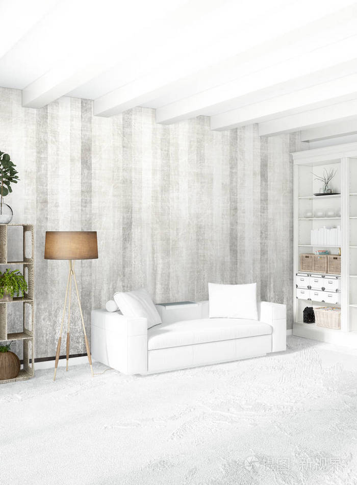 白色的卧室或客厅最小风格的室内设计，时尚的墙和沙发。3d 渲染。给出了双轨的展示厅