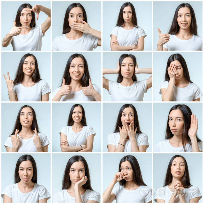 拼贴的不同的面部表情的漂亮女孩