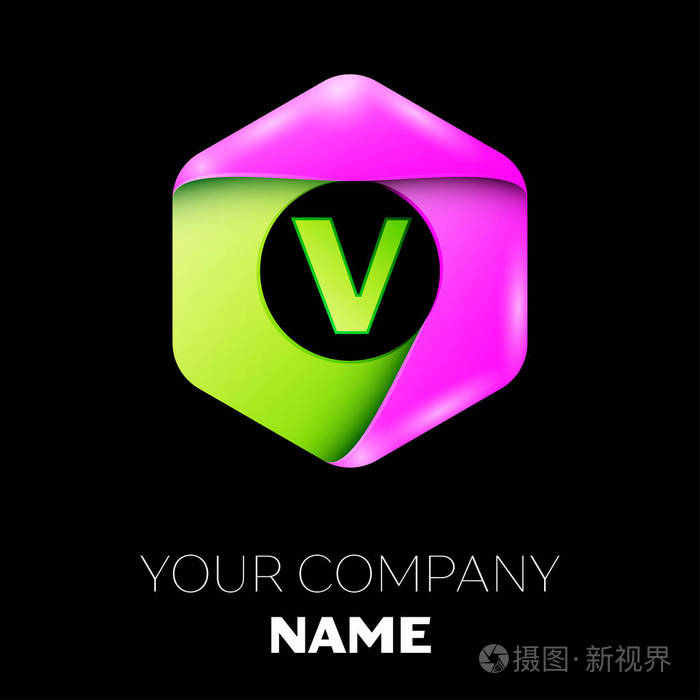 字母v 矢量标志符号在五彩缤纷六角黑色背景上.您设计的矢量模板