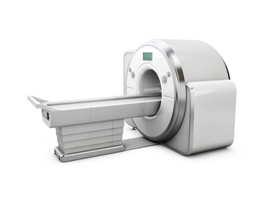 磁共振成像机在白色背景上孤立的三维图。医疗及科学设备